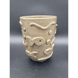Primative Art Pottery Planter Vase With Applied Fish And Waves Signed Boris?